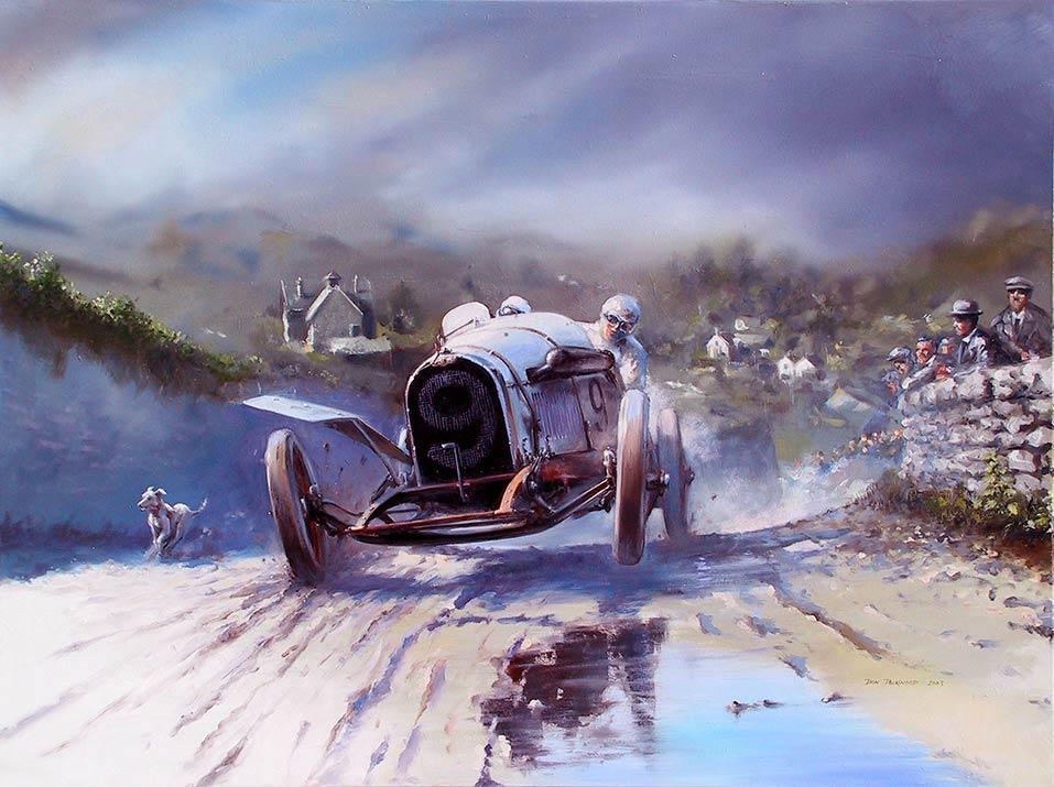 <p>Fastest in the wet. W.O. Bentley, charged to 4th place in the 1922 TT.</p>
<p>Original Oil painting. <strong>SOLD</strong></p>
