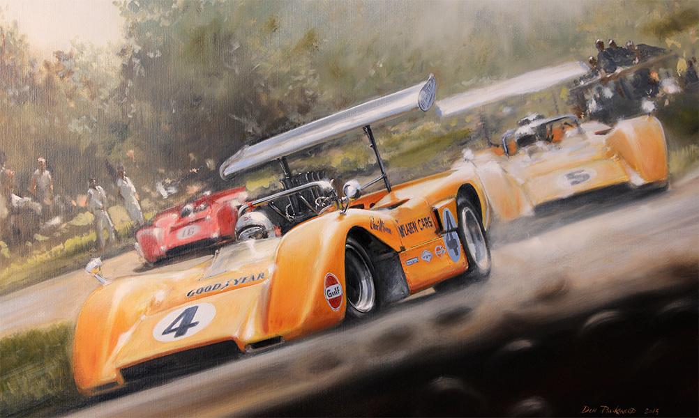 <p>Original oil painting on Canvas - Bruce Mclaren - A 1, 2, 3 for the Kiwi boys at Watkins Glen 1969 CAN-AM.</p>
