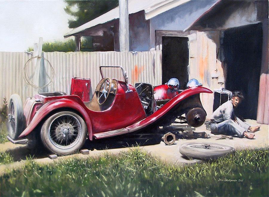 <p>MG P-type, production 1934-36. So nostalgic! I think that just about everyone can relate to this wonderful scene.<br />
Original Oil Painting.</p>
